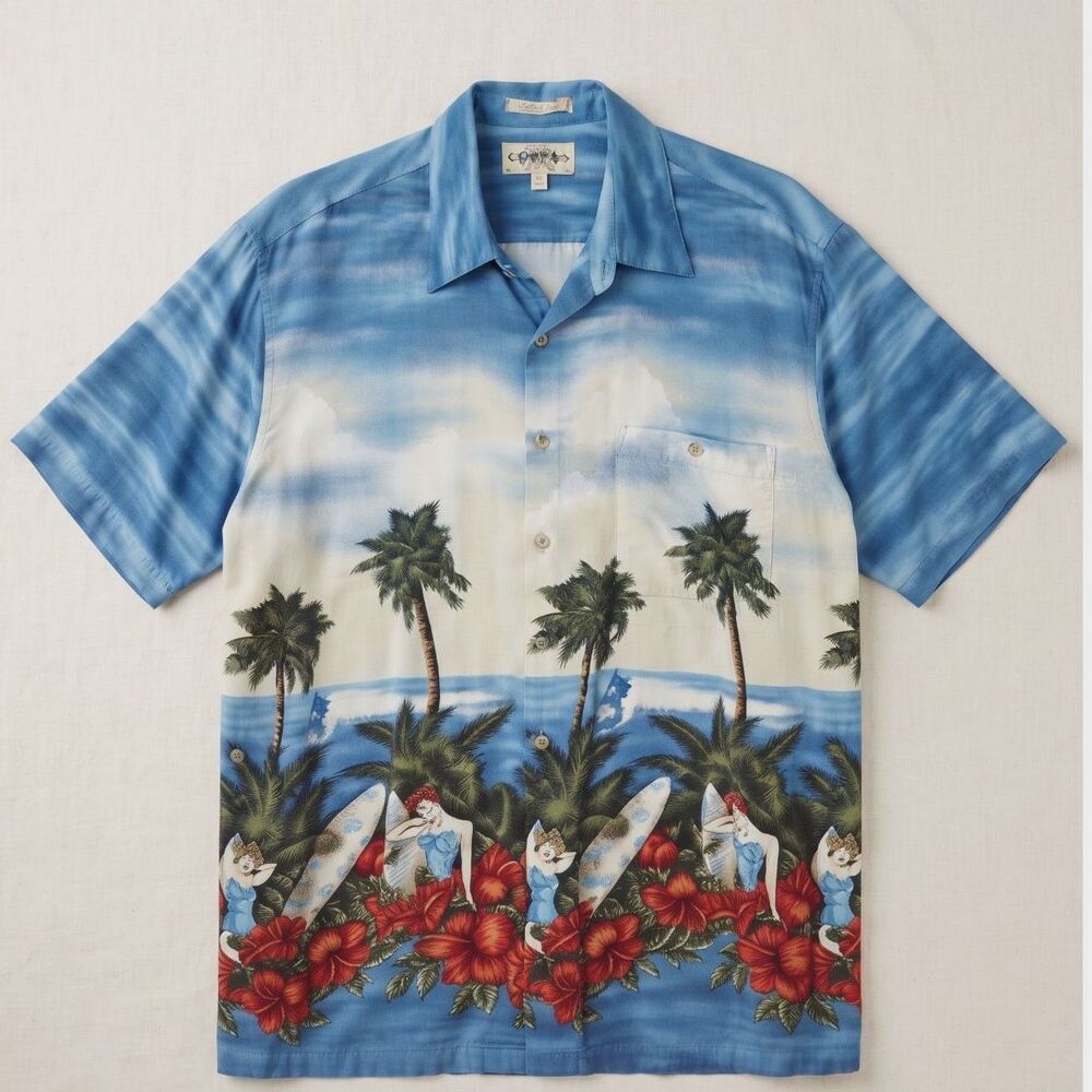 Campia Moda Vintage 90s Hula Girl Surfboard Aloha Hawaiian Shirt Men L